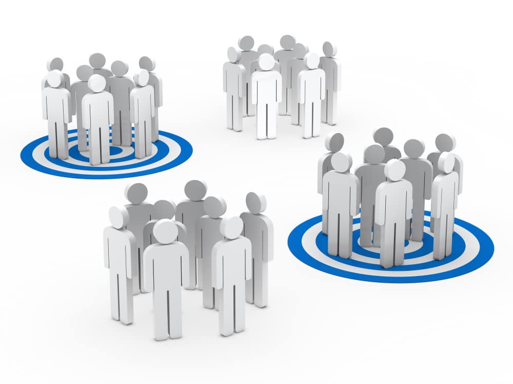 Groups of 3D white figures standing on blue and white target-like circles, representing different social or professional groups connected through social media services.